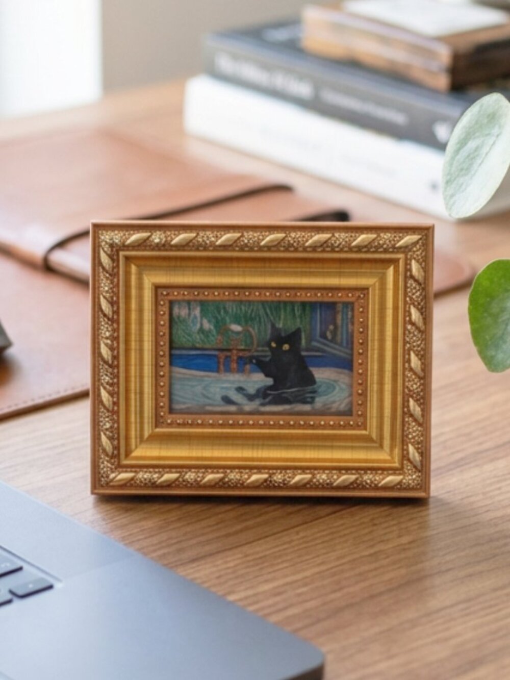 Handmade Mini Framed Print - Van Gogh Bath Tub Black Cat 4.75x3.75"